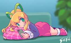 Rule 34 | 1girl, artist name, ass, blonde hair, boots, capcom, cellphone, commentary request, couch, dress, green eyes, long hair, lying, mega man (classic), mega man (series), on stomach, phone, pillow, ponytail, red dress, red footwear, ribbon, robot, robot girl, roll (mega man), shisui, short dress, smartphone, solo