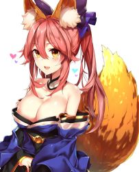 Rule 34 | 10s, 1girl, :d, animal ears, arm at side, bare shoulders, blue kimono, blush, bow, breasts, cleavage, collarbone, detached collar, detached sleeves, fang, fate/extra, fate (series), fox ears, fox girl, fox tail, hair between eyes, hair bow, heart, japanese clothes, kaerunoko, kimono, large breasts, lips, long hair, looking at viewer, nipple slip, nipples, obi, open mouth, pink hair, pink lips, purple bow, sash, shiny skin, simple background, smile, solo, strapless, tail, tamamo (fate), tamamo no mae (fate/extra), twintails, white background, yellow eyes