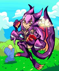 Rule 34 | 1girl, absurdres, bug, claws, dark skin, dragon girl, dragonfly, extra mouth, full body, gem, highres, horns, bug, jabberwock (monster girl encyclopedia), long hair, long tongue, monster girl encyclopedia, setz, sparx (spyro), spyro (series), spyro the dragon, tail, teeth, tentacles, tongue, tongue out, wings