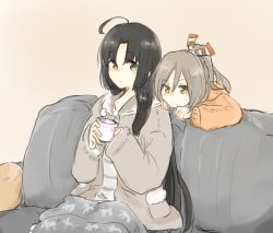 Rule 34 | 10s, 2girls, ahoge, bad id, bad twitter id, black hair, blanket, brown background, brown eyes, brown hair, casual, commentary request, couch, cup, highres, hinata hibari, jacket, kantai collection, long hair, long sleeves, mug, multiple girls, ponytail, shouhou (kancolle), sitting, very long hair, zuihou (kancolle)