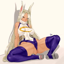 Rule 34 | 1girl, animal ears, bare shoulders, boku no hero academia, breasts, cameltoe, cleft of venus, covered navel, dark-skinned female, dark skin, female focus, full body, fur collar, gluteal fold, grey background, impossible clothes, large breasts, legs, leotard, long hair, looking at viewer, mirko, parted bangs, purple thighhighs, rabbit ears, red eyes, silver hair, simple background, sitting, skin tight, sleeveless, smile, solo, spread legs, thighhighs, zcune