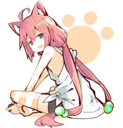 Rule 34 | 1girl, :d, ahoge, animal ear fluff, animal ears, blue eyes, blush, cat ears, from side, hair between eyes, hair bobbles, hair ornament, hinata channel, long hair, looking at viewer, low twintails, nanateru, nekomiya hinata, open mouth, paw print, paw print background, pink hair, shirt, simple background, sitting, smile, solo, striped clothes, striped thighhighs, thighhighs, tied shirt, twintails, very long hair, virtual youtuber, white background, white shirt