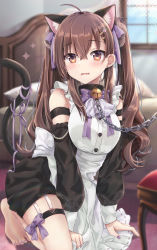 Rule 34 | 1girl, ahoge, animal ear fluff, animal ears, apron, barefoot, bed, bell, black collar, black skirt, black sleeves, blurry, blurry background, blush, bow, breasts, brown eyes, brown hair, cat ears, cat girl, cat tail, chain, collar, commentary request, depth of field, detached sleeves, earrings, fang, frilled apron, frills, hair between eyes, hair ornament, hairclip, highres, indoors, jewelry, jingle bell, long sleeves, maruma (maruma gic), medium breasts, nail polish, neck bell, original, parted lips, pillow, puffy long sleeves, puffy sleeves, purple bow, purple nails, purple ribbon, ribbon, shirt, skirt, sleeveless, sleeveless shirt, solo, sparkle, stud earrings, tail, tail raised, toenail polish, toenails, twintails, white apron, white shirt, window