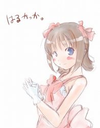 Rule 34 | 00s, 1girl, amami haruka, bare shoulders, blue eyes, blunt bangs, blush, blush stickers, bow, bowtie, brown hair, from side, gloves, idolmaster, idolmaster (classic), idolmaster 1, looking at viewer, looking to the side, ogu, red bow, red bowtie, short hair, simple background, smile, solo, upper body, white background