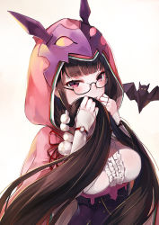 Rule 34 | 1girl, bad id, bad pixiv id, bat (animal), black hair, blush, breasts, brown hair, covering own mouth, emyo, fate/grand order, fate (series), fingerless gloves, glasses, gloves, gradient hair, hood, japanese clothes, large breasts, long hair, looking at viewer, multicolored hair, origami, osakabehime (fate), simple background, very long hair, white background