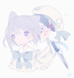 Rule 34 | 1girl, animal ears, blood, blue bow, blue bowtie, blue nails, bow, bowtie, cat ears, collared shirt, commentary request, cropped torso, empty eyes, hand up, hat, highres, injury, light purple hair, long hair, long sleeves, nail polish, original, outo eguchi, parted lips, pink blood, purple eyes, sailor hat, severed finger, shirt, signature, simple background, solo, sparkle, twitter username, two side up, unworn headwear, upper body, white background, white hat, white shirt