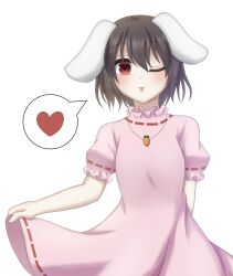 Rule 34 | 1girl, animal ears, black hair, carrot necklace, dress, floppy ears, heart, highres, inaba tewi, jewelry, looking at viewer, nanamiko74, necklace, one eye closed, pink dress, rabbit ears, rabbit girl, red eyes, short hair, short sleeves, simple background, solo, spoken heart, tongue, tongue out, touhou, upper body, white background