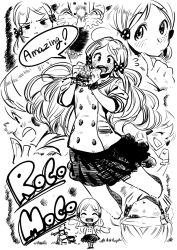 Rule 34 | 1girl, :d, blush, bow, bukimi isan, burger, buttons, character request, copyright request, double-breasted, food, greyscale, hair bow, holding, holding food, long hair, looking at viewer, miniskirt, monochrome, multiple views, open mouth, pleated skirt, pout, roco moco, shirt, skirt, smile