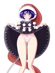Rule 34 | 1girl, black dress, blue eyes, blue hair, bow, bow panties, closed mouth, clothes lift, crotch seam, doremy sweet, dress, dress lift, gluteal fold, hat, highres, lifted by self, looking at viewer, multicolored clothes, multicolored dress, nightcap, panties, panty peek, pom pom (clothes), red hat, short hair, simple background, standing, tail, touhou, underwear, white background, white dress, white panties, zenji029