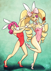 Rule 34 | 10s, 2girls, alternate costume, animal ears, blonde hair, bow, bowtie, rabbit ears, playboy bunny, chocolate, detached collar, drill hair, eating, eyepatch, fake animal ears, flat chest, food, food on face, hair bow, harime nui, high heels, jakuzure nonon, kill la kill, long hair, multiple girls, my pet tentacle monster, pink eyes, pink hair, pushing away, pushing face, small breasts, twin drills, wrist cuffs