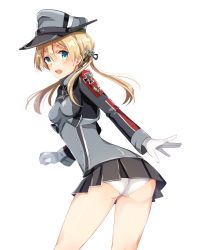 Rule 34 | 10s, 1girl, anchor hair ornament, ass, black ribbon, black skirt, blonde hair, blue eyes, blurry, blush, cross, depth of field, gloves, hair ornament, hair ribbon, hat, highres, iron cross, kantai collection, long hair, long sleeves, microskirt, military, military uniform, open mouth, panties, peaked cap, pleated skirt, prinz eugen (kancolle), ribbon, shibuki kamone, simple background, skirt, solo, twintails, underwear, uniform, white background, white gloves, white panties