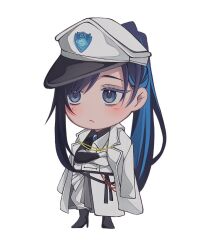 1girl ado_(utaite) black_bow black_bowtie black_footwear black_shirt blue_brooch blue_eyes blue_hair blush bow bowtie chando_(ado) chibi closed_mouth coat coat_on_shoulders collared_shirt colored_inner_hair commentary_request full_body hat highres keeko_(kk_0012) long_hair military_hat military_uniform mole mole_under_eye multicolored_hair official_alternate_costume open_clothes open_coat shirt simple_background single_sidelock solo uniform utaite white_background white_coat white_hat