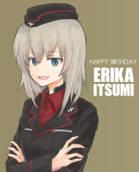 Rule 34 | 10s, 1girl, black hat, black jacket, blue eyes, brown background, character name, commentary, crossed arms, dress shirt, english text, garrison cap, girls und panzer, happy birthday, hat, itsumi erika, jacket, kuromorimine military uniform, long hair, long sleeves, looking at viewer, military, military hat, military uniform, mutsu (layergreen), open mouth, red shirt, shirt, silver hair, simple background, smile, solo, standing, throat microphone, uniform, upper body, wing collar