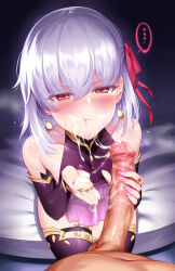 Rule 34 | ..., 1boy, 1girl, after fellatio, bare shoulders, blush, breasts, censored, china dress, chinese clothes, collarbone, cum, cum in mouth, detached sleeves, dress, earrings, fate/grand order, fate (series), hair ribbon, highres, jewelry, kama (fate), large penis, long sleeves, looking at viewer, m-da s-tarou, medium hair, nail polish, penis, penis grab, pink nails, purple dress, red eyes, red ribbon, ribbon, sitting, small breasts, tearing up, thick thighs, thighhighs, thighs, white hair