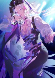Rule 34 | 1boy, absurdres, black choker, blue eyes, blue hair, chain, choker, earrings, feather cape, fingernails, frilled shirt, frilled sleeves, frills, gavis bettel, gavis bettel (2nd costume), grey hair, harness, hat, hat feather, heterochromia, highres, holostars, holostars english, jewelry, long sleeves, looking at viewer, lynnear, male focus, multicolored hair, multiple rings, nail polish, o-ring, o-ring choker, official alternate costume, official alternate hairstyle, outstretched arms, pink eyes, pink hair, pirate hat, ring, sharp fingernails, shirt, smile, solo, stitches, tongue, tongue out, virtual youtuber, white shirt