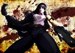 Rule 34 | 1girl, belt, black hair, black lagoon, blood, blood stain, breasts, din (raiden), dual wielding, gloves, gun, handgun, highres, holding, jewelry, large breasts, long hair, low-tied long hair, m1911, necklace, pistol, roberta (black lagoon), shirt, sleeveless, solo, taut clothes, taut shirt, very long hair, weapon