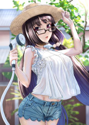 Rule 34 | 1girl, blue shorts, blurry, blurry background, breasts, brown hair, contemporary, denim, denim shorts, dousunnen, fate/grand order, fate (series), frills, glasses, hat, highres, hose, large breasts, long hair, looking at viewer, low twintails, open mouth, osakabehime (fate), outdoors, purple eyes, shirt, short shorts, shorts, sleeveless, sleeveless shirt, solo, straw hat, tree, twintails, very long hair, white shirt