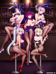 Rule 34 | 5girls, :d, ahoge, alternate costume, animal ears, arm under breasts, ass, asymmetrical hair, bar (place), bare shoulders, beads, black bow, black leotard, blonde hair, blue eyes, blue footwear, blue leotard, blurry, blurry background, blush, bottle, bow, bowtie, breast hold, breasts, bright pupils, brown legwear, champagne bottle, champagne flute, cleavage, commentary request, covered navel, crossed legs, cup, depth of field, detached collar, drinking glass, fake animal ears, fate/grand order, fate (series), fishnet pantyhose, fishnets, flower, from side, full body, hair between eyes, hair bow, hair intakes, hair ornament, hairband, hand on own chest, hand up, high heels, highleg, highleg leotard, highres, hip focus, knee up, koha-ace, large breasts, leaning forward, legs, leotard, licking, licking finger, long hair, long legs, looking at viewer, low-tied long hair, medium breasts, minamoto no raikou (fate), miyamoto musashi (fate), multiple girls, obiwan, official alternate costume, okita souji (fate), okita souji (koha-ace), open mouth, pantyhose, parted bangs, pink hair, playboy bunny, ponytail, purple eyes, purple flower, purple footwear, purple hair, purple hairband, purple legwear, purple leotard, purple neckwear, purple rose, rabbit ears, rabbit tail, red eyes, red footwear, red legwear, rose, scathach (fate), scathach (piercing bunny) (fate), shiny clothes, shiny skin, silver hair, sitting, smile, stool, strapless, strapless leotard, swept bangs, tail, tassel, thigh strap, thighs, tomoe gozen (fate), tongue, tongue out, twitter username, underboob, very long hair, wine bottle, wrist cuffs, yellow eyes