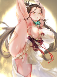 Rule 34 | 1girl, areola slip, armpits, arms up, bare shoulders, body markings, breasts, brown eyes, brown hair, dress, facial mark, fate/grand order, fate (series), forehead, forehead mark, fundoshi, highres, himiko (fate), himiko (first ascension) (fate), japanese clothes, jewelry, kneepits, large breasts, leg lift, leg up, long hair, looking at viewer, magatama, magatama necklace, necklace, no bra, open mouth, sash, side slit, sideboob, split, standing, standing on one leg, standing split, thighs, topknot, twintails, white dress, zeni (mxyz7532)