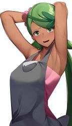 Rule 34 | 1girl, armpits, blush, breasts, creatures (company), dark-skinned female, dark skin, flower, game freak, green eyes, green hair, hair flower, hair ornament, highres, long hair, looking at viewer, low twintails, mallow (pokemon), medium breasts, nintendo, open mouth, pokemon, pokemon sm, simple background, smile, solo, sweat, teeth, twintails, white background, yuuyuu (yuuki1771)