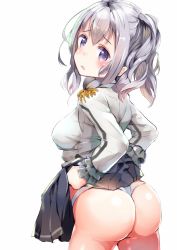 Rule 34 | 10s, 1girl, ass, blue eyes, blush, breasts, epaulettes, frilled sleeves, frills, henet hene, hug, kantai collection, kashima (kancolle), long hair, military, military uniform, panties, silver hair, solo, twintails, underwear, uniform, wavy hair, white panties