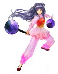 Rule 34 | 1girl, bad id, bad pixiv id, chinese clothes, chui, dual wielding, fighting stance, full body, holding, long hair, mace, pants, pink pants, purple hair, ranma 1/2, shampoo (ranma 1/2), sideways glance, simple background, solo, very long hair, weapon, white background, yumechigai