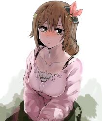 Rule 34 | 1girl, absurdres, black ribbon, blush, breasts, brown eyes, brown hair, camisole, cleavage, closed mouth, collarbone, diamond hair ornament, frilled camisole, frills, hair ornament, hairclip, highres, hololive, light smile, long hair, looking at viewer, looking up, medium breasts, nishiuma gomeyuki, official alternate costume, own hands together, pink ribbon, pink shirt, ribbon, shirt, shoulder strap, sidelocks, sitting, skirt, solo, star (symbol), star hair ornament, tokino sora, tokino sora (casual), virtual youtuber, white background, white camisole