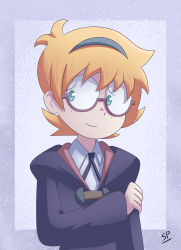 Rule 34 | 1girl, absurdres, blonde hair, blue eyes, collared shirt, freckles, glasses, grey background, hairband, highres, little witch academia, looking to the side, lotte jansson, nervous, nervous smile, shirt, short hair, signature, simple background, smile, solo, sp2233, uniform
