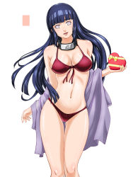 Rule 34 | 1girl, aged up, bikini, black hair, box, breasts, cleavage, front-tie top, heart, heart-shaped box, highres, hyuuga hinata, l-tk, large breasts, long hair, looking at viewer, naruto (series), naruto shippuuden, navel, parted lips, shiny skin, simple background, skindentation, swimsuit, thigh gap, valentine, white background, white eyes