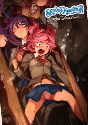 Rule 34 | 3girls, :c, absurdres, blush, bow, breasts, clothes lift, crotch seam, crying, crying with eyes open, disney, doki doki literature club, fang, gluteal fold, hair ornament, hair ribbon, highres, khyle., long hair, medium breasts, midriff, multiple girls, natsuki (doki doki literature club), navel, open mouth, panties, pantyshot, pink hair, purple hair, red bow, red eyes, red ribbon, remote control vibrator, ribbon, sayori (doki doki literature club), sex toy, short hair, skirt, skirt lift, small breasts, socks, tears, two side up, underwear, upskirt, vibrator, vibrator cord, white socks, wind, wind lift, x hair ornament, yuri (doki doki literature club)