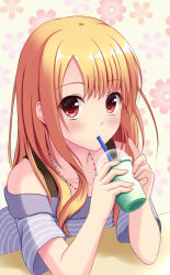 Rule 34 | 1girl, bare shoulders, blonde hair, blush, collarbone, cup, drinking, drinking straw, floral background, holding, holding cup, jewelry, korotan, long hair, looking at viewer, necklace, original, red eyes, short sleeves, solo, striped