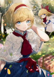 Rule 34 | absurdres, alice margatroid, blonde hair, blue dress, blue eyes, bug, butterfly, daimaou ruaeru, dress, highres, insect, leaf, light smile, multiple girls, picnic, picnic basket, red ribbon, red scarf, ribbon, scarf, shanghai doll, shawl, smile, touhou, white shawl