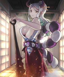 Rule 34 | 1girl, absurdres, bare arms, bare shoulders, breasts, brown eyes, closed mouth, club, club (weapon), commentary, cuffs, curled horns, earrings, embers, english commentary, feet out of frame, from side, green hair, hair ornament, hair stick, hakama, hakama pants, hakama skirt, hand on hilt, hand up, high ponytail, highres, horns, indoors, japanese clothes, jewelry, kanabou, kataginu, large breasts, long hair, multicolored hair, one piece, oni, pants, planted, red horns, rope, serious, shimenawa, sideboob, sidelocks, skirt, smoke, solo, standing, two-tone hair, v-shaped eyebrows, vertigris, weapon, white hair, wooden floor, yamato (one piece)