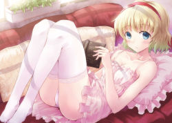 Rule 34 | 1girl, alice margatroid, blonde hair, blue eyes, book, couch, dress, feet, female focus, hairband, hyuuga azuri, no shoes, panties, pantyshot, patterned upholstery, plaid, red upholstery, solo, thighhighs, touhou, underwear, white dress, white thighhighs