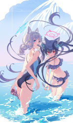 Rule 34 | 2girls, absurdres, animal ear fluff, animal ears, ass, bare arms, bare shoulders, bikini, bikini skirt, black bikini, black hair, blue archive, blush, breasts, cat ears, collarbone, competition swimsuit, covered mouth, earrings, fang, fish, floating hair, frilled bikini, frills, grey hair, hair between eyes, hair ribbon, halo, highres, holding, jewelry, leaning forward, long hair, looking at viewer, looking back, majiang, medium hair, multiple girls, navel, ocean, octopus, off-shoulder bikini, off shoulder, one-piece swimsuit, open mouth, outdoors, ponytail, red eyes, ribbon, serika (blue archive), serika (swimsuit) (blue archive), shiroko (blue archive), shiroko (swimsuit) (blue archive), sidelocks, skin fang, small breasts, standing, swimsuit, thighs, twintails, two-tone swimsuit, very long hair, wading, water, wet
