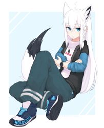 Rule 34 | 1girl, animal ears, black jacket, blue background, blue eyes, blue footwear, blue pants, border, closed mouth, commentary, dog tags, earrings, english commentary, fox ears, fox girl, fox tail, highres, hololive, jacket, jewelry, jitome, leaning back, crossed legs, long hair, open clothes, open jacket, pants, shirakami fubuki, shoes, sitting, solo, sweater, tail, virtual youtuber, watch, white border, white hair, white sweater, wristwatch, yoako