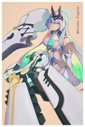 Rule 34 | 1girl, absurdres, android, blank stare, blonde hair, blue eyes, blue halo, bow, breasts, detached sleeves, doll joints, dragalia lost, dress, eirene (dragalia lost), facial mark, floating, floating armor, floating object, foreshortening, futuristic weapon, gradient hair, green hair, grey dress, grey hair, gun, halo, highres, holding, holding weapon, horns, joints, looking at viewer, marking on cheek, mechanical horns, medium breasts, multicolored eyes, multicolored hair, pink eyes, railgun, scarf, science fiction, silent pigeon, sitting, weapon