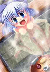 Rule 34 | 1girl, :d, bar soap, barefoot, bathing, blue bow, blue eyes, blue hair, blue pubic hair, blush, bow, breasts, bucket, caustics, circled 9, cirno, clenched hands, collarbone, commentary request, feet, female pubic hair, foot out of frame, from above, hair between eyes, hair bow, highres, hiiragi shouichi, looking at viewer, looking up, medium breasts, navel, no nipples, nude, onsen, open mouth, partially submerged, pubic hair, short hair, sitting, smile, solo, steam, thighs, toes, tokkuri, touhou, wariza, wash cloth, water, wood, wooden bucket