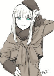 Rule 34 | 1girl, abe inori, arm behind head, beret, blunt bangs, commentary request, fate (series), flower, fur collar, gloves, green eyes, grin, hair flower, hair ornament, hand on own hip, hat, jacket, long hair, long sleeves, looking at viewer, lord el-melloi ii case files, monochrome, reines el-melloi archisorte, signature, simple background, smile, solo, spot color, teeth, upper body, white background