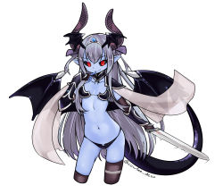 Rule 34 | &gt;:), 1girl, armor, asymmetrical horns, asymmetrical legwear, bikini armor, black sclera, blue skin, breasts, brown gloves, brown thighhighs, collarbone, colored sclera, colored skin, contrapposto, cosplay, cowfee, cropped legs, crossover, demon girl, demon horns, demon tail, demon wings, devil (monster girl encyclopedia), elbow gloves, elizabeth bathory (brave) (fate), elizabeth bathory (brave) (fate) (cosplay), elizabeth bathory (fate), fate/grand order, fate (series), finger to mouth, fingerless gloves, gloves, hair ribbon, head wings, highres, horns, jewelry, long hair, looking at viewer, monster girl encyclopedia, monster girl encyclopedia ii, navel, pauldrons, petite, pointy ears, red eyes, ribbon, shoulder armor, silver hair, silver trim, simple background, small breasts, smile, solo, standing, swinging, sword, tail, thighhighs, two side up, uneven horns, uneven legwear, v-shaped eyebrows, vambraces, very long hair, weapon, white background, wings