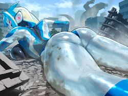 1girl altina_earth ass blue_sky bodysuit breasts city cloud cloudy_sky commentary destruction giant giantess kaiju nikunopengin red_eyes rubble short_hair silver_skin skin_tight sky tokusatsu ultra_series