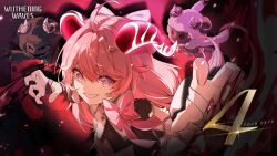 Rule 34 | 1girl, ahoge, bow, commentary, copyright name, encore (wuthering waves), english commentary, english text, flower-shaped pupils, grin, hair between eyes, hair bow, highres, horns, long hair, official art, pink bow, pink hair, pink pupils, purple eyes, reaching, reaching towards viewer, red fire, sharp teeth, sheep horns, smile, solo, stuffed animal, stuffed sheep, stuffed toy, symbol-shaped pupils, teeth, thick eyebrows, wuthering waves