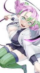 Rule 34 | 1girl, absurdres, belt, braid, breasts, cleavage, demon slayer uniform, fengling (furin-jp), gradient hair, green eyes, green hair, green thighhighs, haori, highres, holding, holding sword, holding weapon, japanese clothes, jumping, kanroji mitsuri, kimetsu no yaiba, large breasts, long hair, looking at viewer, mole, mole under each eye, mole under eye, multicolored hair, multiple braids, multiple moles, partially unbuttoned, pink hair, ribbed legwear, ribbed thighhighs, solo, sword, thighhighs, tri braids, weapon, whip sword, white background, white belt