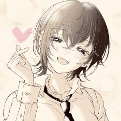 Rule 34 | 1girl, asahina yuni, buttons, commentary request, greyscale, hand up, heart, highres, iwami kiyoko, kyou wa kanojo ga inai kara, looking at viewer, medium hair, monochrome, necktie, official art, open mouth, portrait, shirt, smile, snapping fingers, white shirt