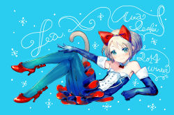Rule 34 | 1girl, arm support, bare shoulders, blue background, blue eyes, blue gloves, blue pantyhose, blush, bow, bowtie, breasts, brown hair, buttons, cat tail, cleavage, crossed legs, dated, detached collar, dress, elbow gloves, from side, full body, gloves, grey hair, hair bow, hand on own knee, high heels, highres, isaki uta, leg up, light smile, looking at viewer, lying, on back, original, pantyhose, shoes, short dress, short hair, simple background, small breasts, smile, snowflakes, solo, strapless, swept bangs, ta (isaki), tail, thighhighs
