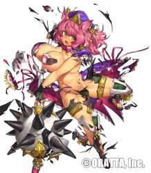 Rule 34 | 1girl, animal ears, armor, bike shorts, breastplate, breasts, cat ears, chloris garden, green eyes, hat, hat ribbon, large breasts, mace, melon22, navel, official art, open mouth, pink hair, ribbon, shirt, shorts, showgirl skirt, solo, spiked mace, spikes, thighhighs, torn clothes, torn shirt, torn shorts, torn thighhighs, weapon