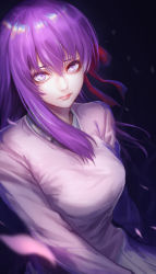 Rule 34 | 1girl, breasts, commentary request, cowboy shot, dress, expressionless, face, fate/stay night, fate (series), hair between eyes, hair ribbon, large breasts, lips, long hair, long sleeves, looking at viewer, matou sakura, petals, purple eyes, purple hair, re (re 09), ribbon, solo, white dress