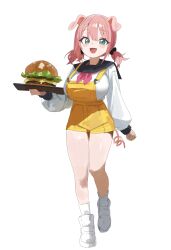 Rule 34 | 1girl, absurdres, animal ears, blue eyes, blush, breasts, burger, food, full body, highres, holding, large breasts, long sleeves, looking at viewer, low twintails, neckerchief, open mouth, original, overall shorts, overalls, pig ears, pig girl, pig tail, pink hair, red neckerchief, sailor collar, setakman, short twintails, simple background, socks, solo, standing, tail, tray, twintails, white background, white footwear, white socks
