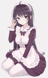 Rule 34 | 1girl, ahoge, apron, blush, breasts, commentary request, dress, frills, gradient background, grey background, highres, long hair, looking at viewer, maid, maid headdress, medium breasts, nagisa (cxcx5235), original, pantyhose, school uniform, short hair, simple background, sitting, solo, white pantyhose