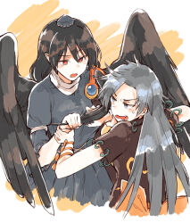 Rule 34 | 2girls, annoyed, back bow, black hair, black wings, blue dress, bow, brown shirt, commentary request, cropped torso, dress, fang, feathered wings, feathers, fighting, grey hair, hair between eyes, hat, himemushi momoyo, hisona (suaritesumi), holding, holding another&#039;s arm, holding feather, iizunamaru megumu, jewelry, long hair, looking at another, messy hair, multiple girls, open mouth, orange background, orange bow, orange eyes, ring, shirt, short sleeves, shoulder guard, sleeve garter, sweatdrop, tokin hat, touhou, turtleneck, upper body, wavy mouth, white background, wings, wrist bow